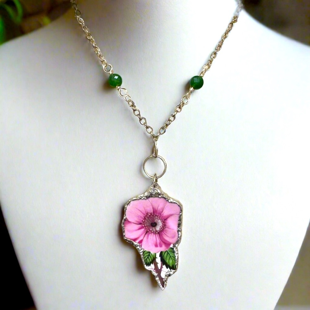 Old Country Rose Broken China Pendant and Green Aventurine Beaded Necklace